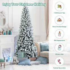 Costway CM23573 7.5ft Snow-Flocked Hinged Artificial Christmas Pencil Tree w/1189 Mixed Tips