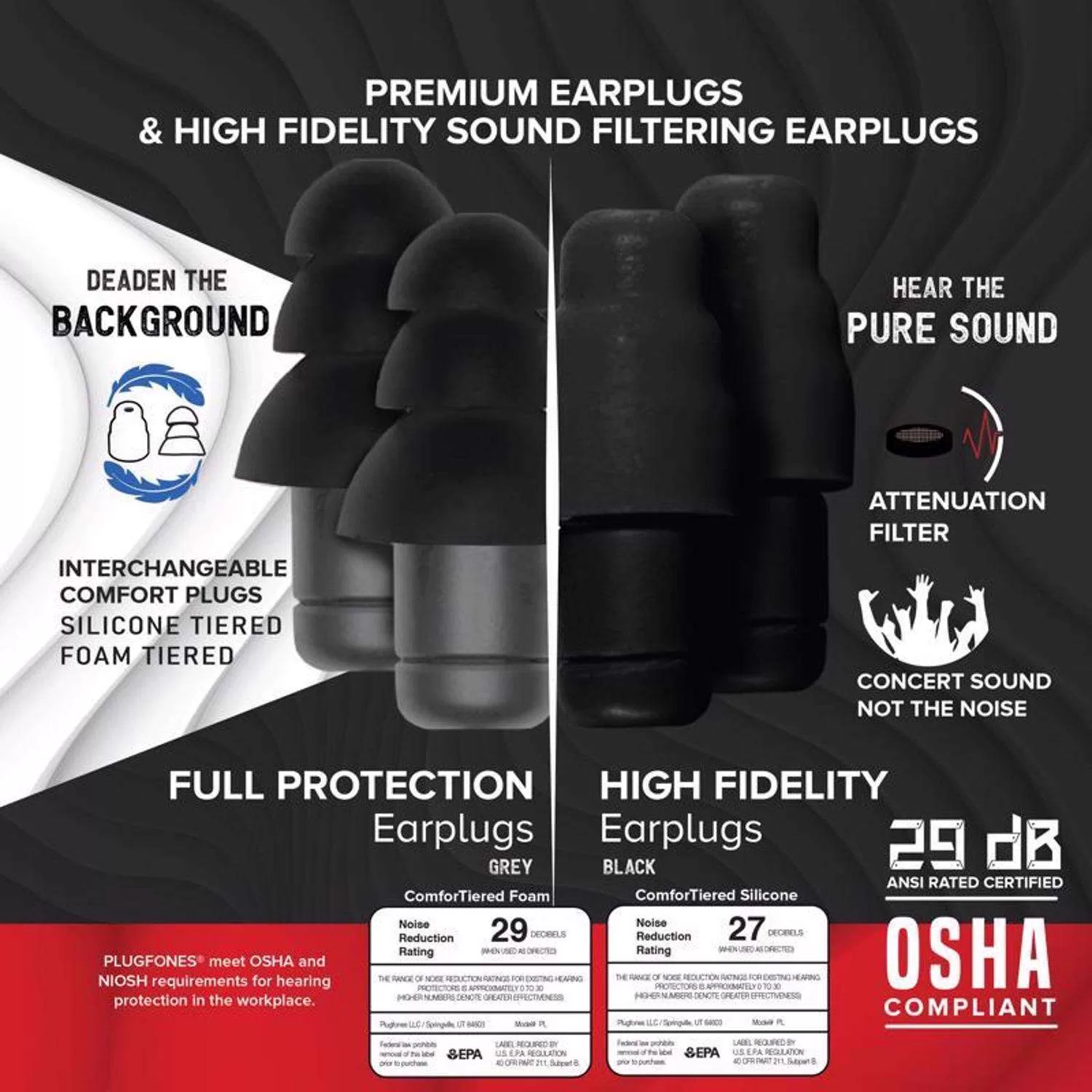 Plugfones Dynamics 29 dB Nylon/Silicone/Soft Foam Tri-flange Professional Hearing Protectors Black/G