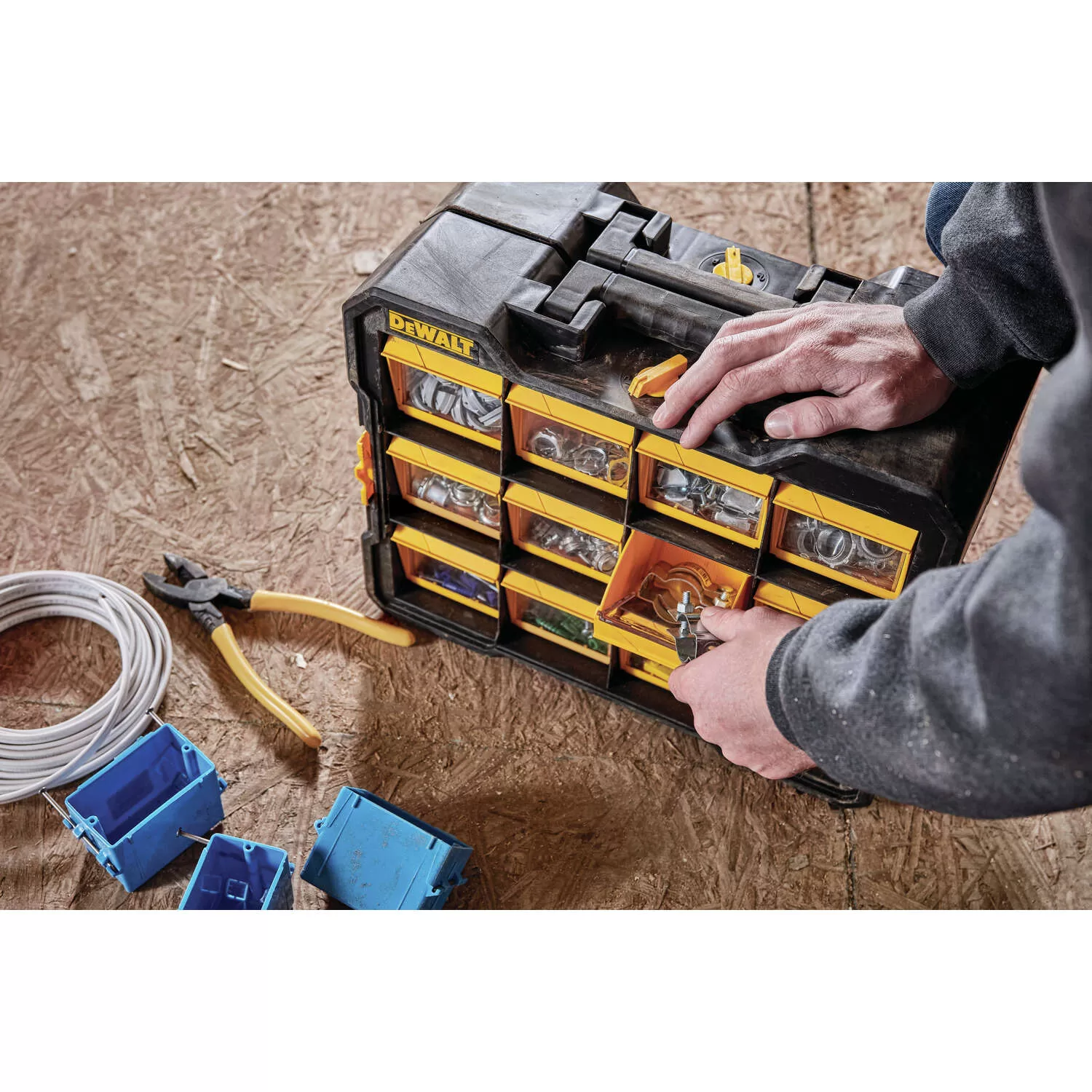 DeWalt 4.2 in. W X 13.5 in. H Flip Bin Storage Organizer Plastic 12 compartments Yellow