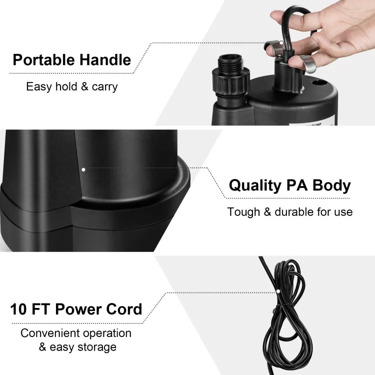Costway 1/3HP 2400GPH Submersible Utility Pump Portable Electric Water Pump with 10 FT Cord