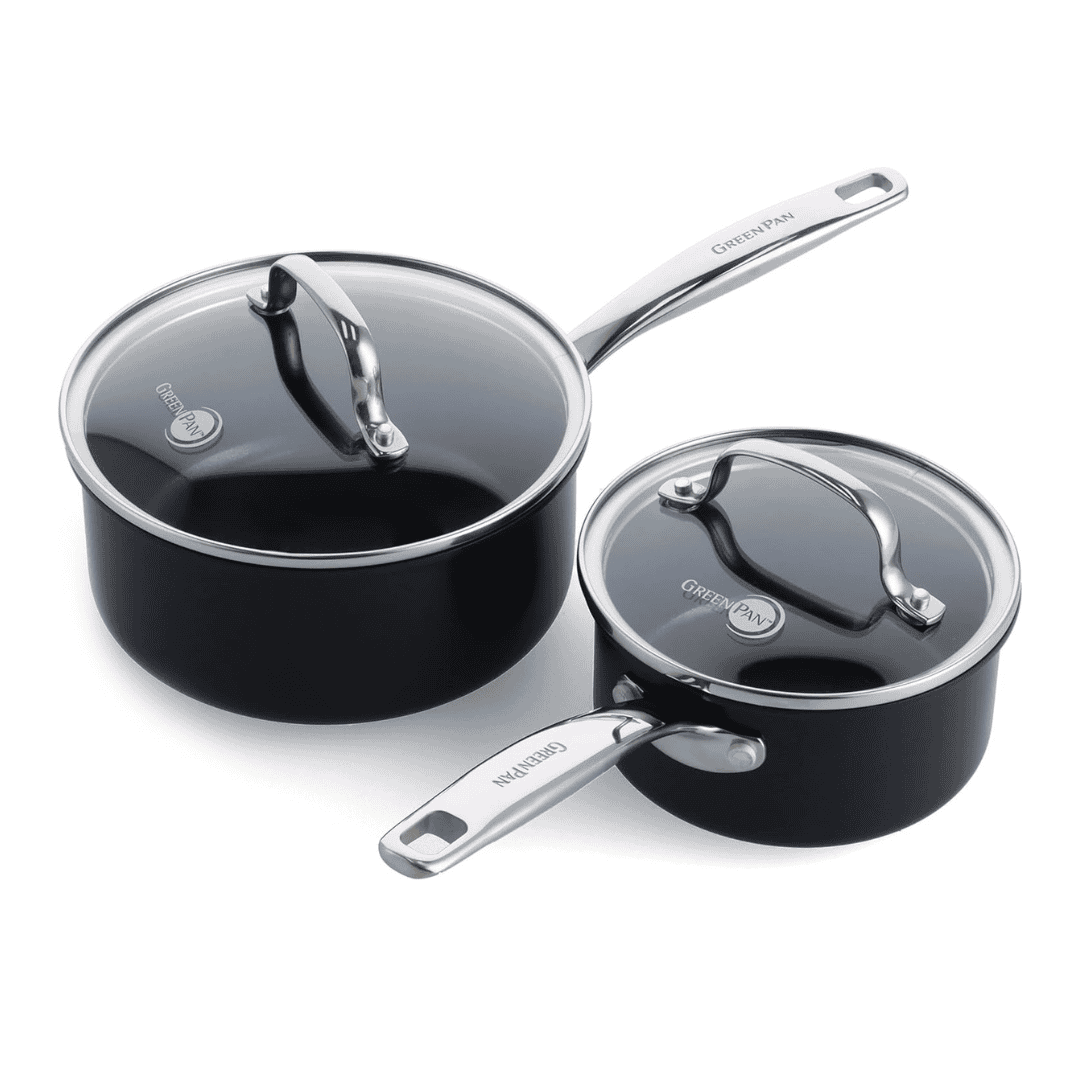 GreenPan Chatham Black Prime Midnight Hard Anodized Healthy Ceramic Nonstick, 1QT and 2QT Saucepan Pot Set, Black