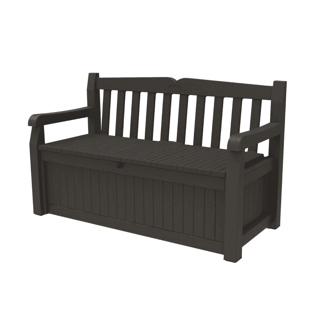Keter Solana 70 Gallon Storage Bench Deck Box for Patio Furniture, Front Porch Decor and Outdoor Seating, Brown