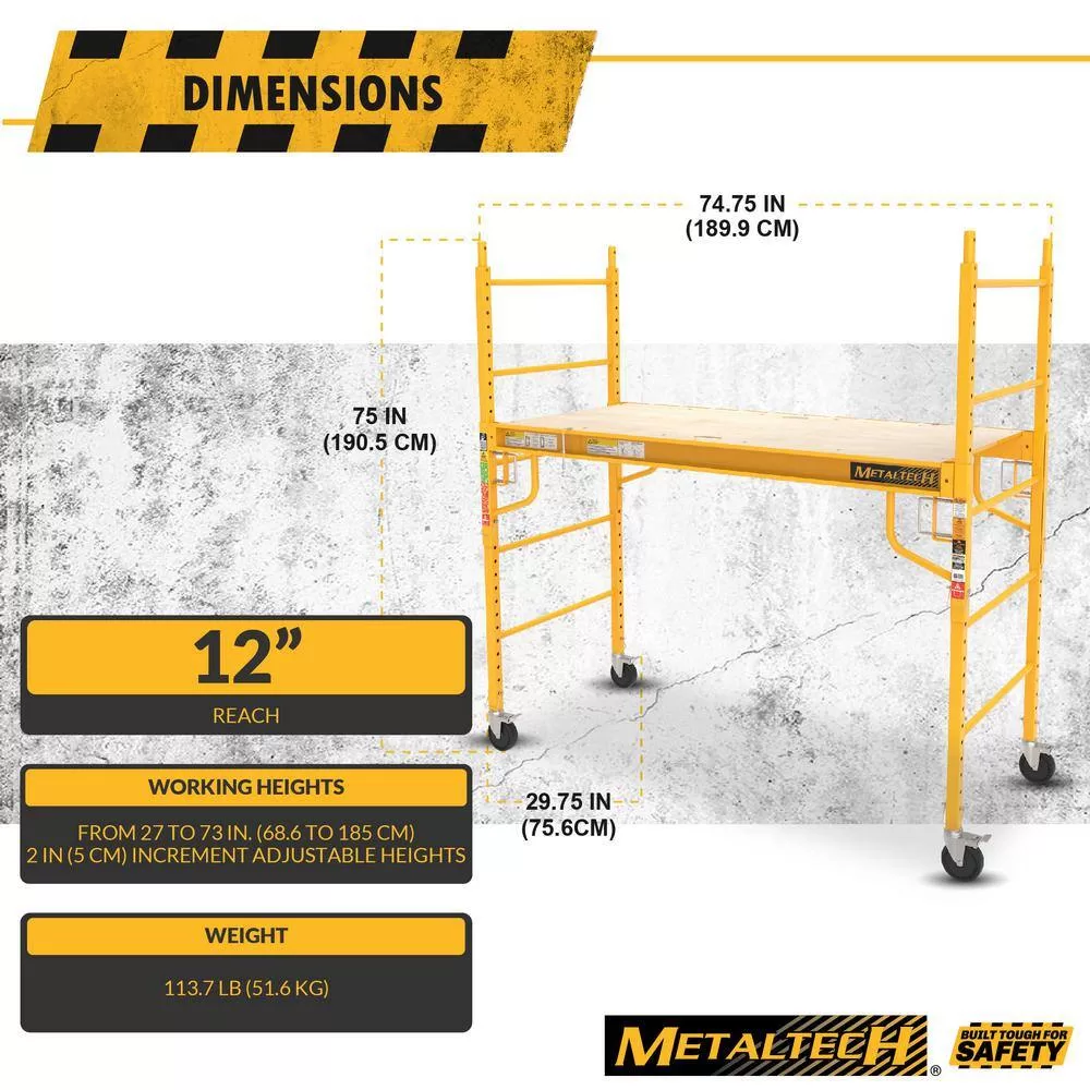 MetalTech I-CISC Jobsite 6 ft. Baker Style Rolling Scaffold Platform, 1100 lbs. Load Capacity, Steel, 6 ft. W x 6.25 ft. H x 2.5 ft. D