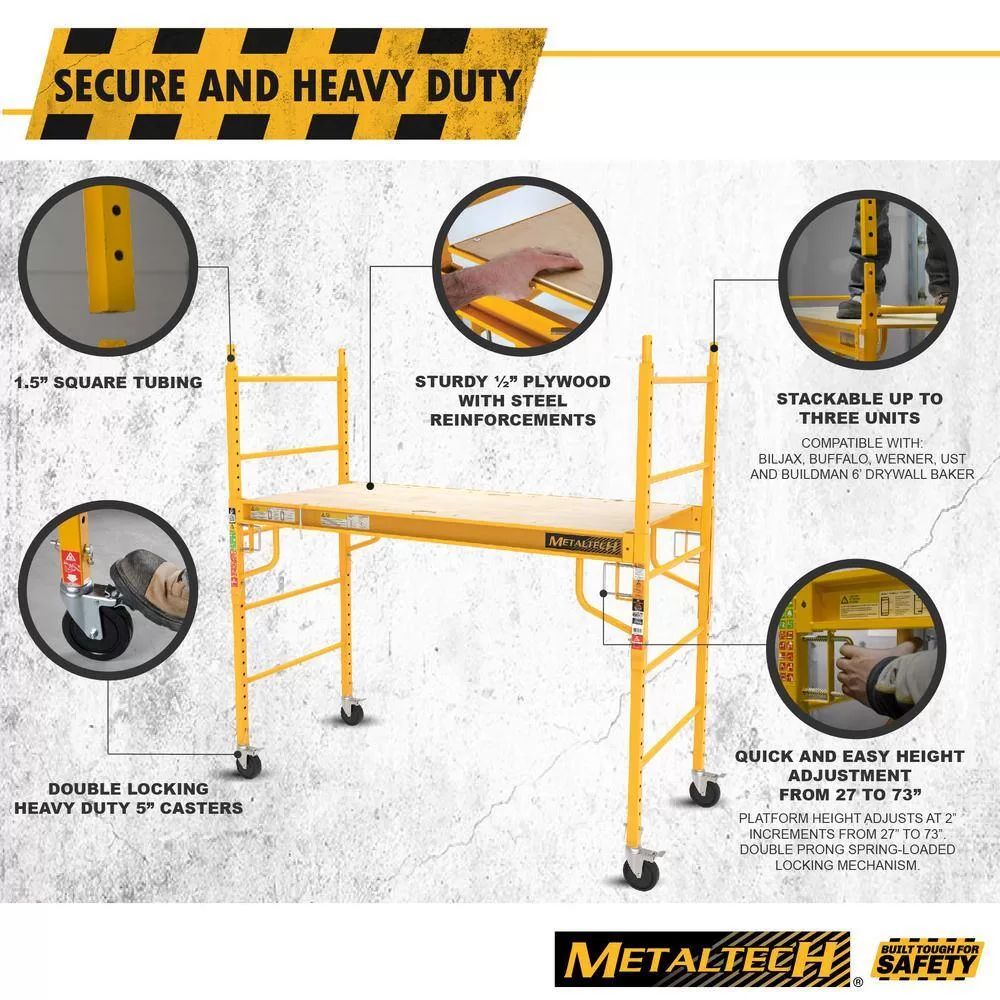 MetalTech I-CISC Jobsite 6 ft. Baker Style Rolling Scaffold Platform, 1100 lbs. Load Capacity, Steel, 6 ft. W x 6.25 ft. H x 2.5 ft. D
