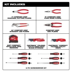 Milwaukee Pliers Kit with Screwdriver Set, 25 ft. Auto Lock Tape Measure, and FASTBACK Utility Knives Hand Tool Set (13-Piece)