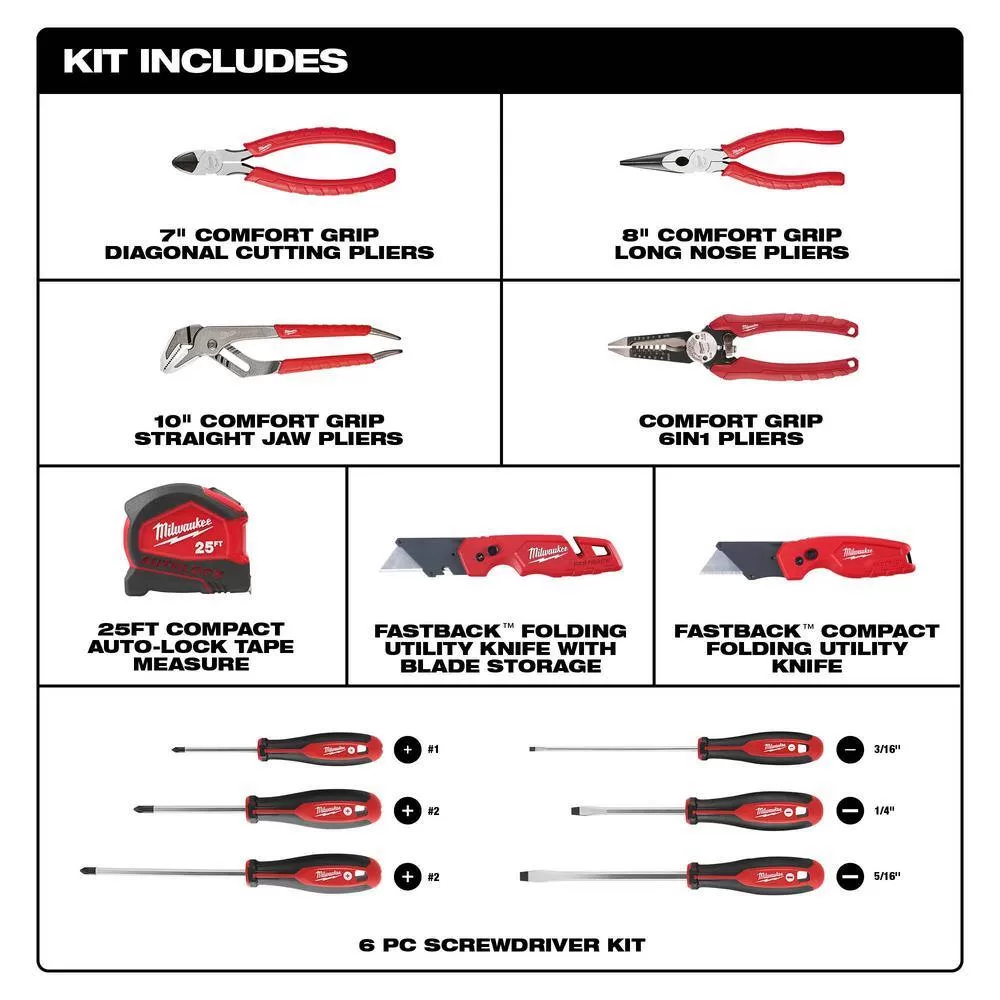 Milwaukee Pliers Kit with Screwdriver Set, 25 ft. Auto Lock Tape Measure, and FASTBACK Utility Knives Hand Tool Set (13-Piece)