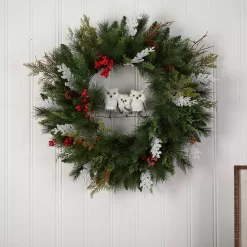 Nearly Natural W1277 24 in. Holiday Winter Owl Family Pinecone Berry Christmas Artificial Wreath