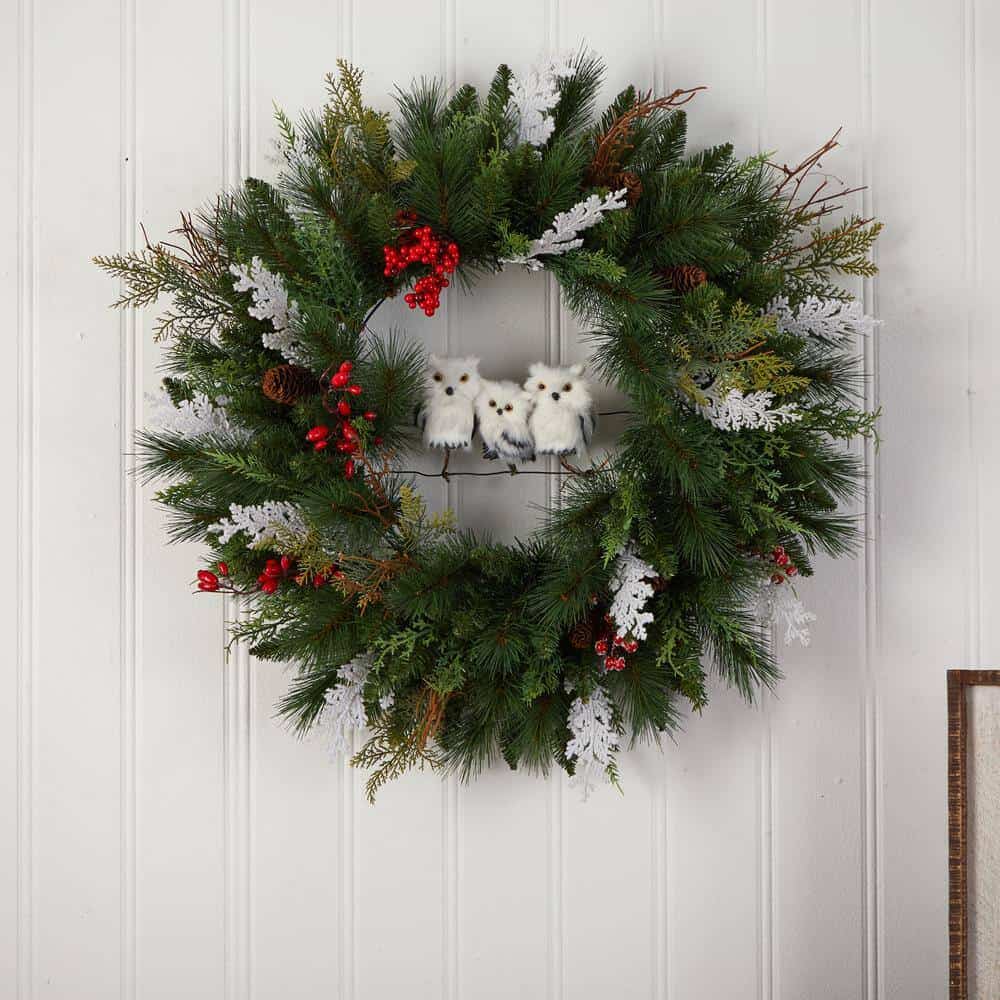 Nearly Natural W1277 24 in. Holiday Winter Owl Family Pinecone Berry Christmas Artificial Wreath