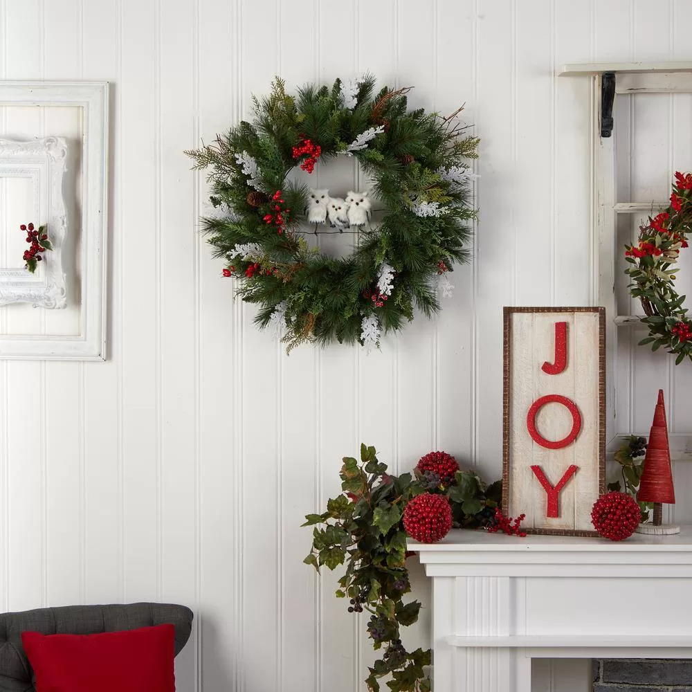 Nearly Natural W1277 24 in. Holiday Winter Owl Family Pinecone Berry Christmas Artificial Wreath