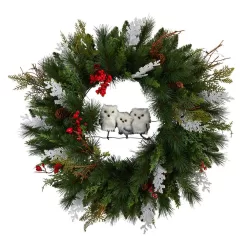 Nearly Natural W1277 24 in. Holiday Winter Owl Family Pinecone Berry Christmas Artificial Wreath