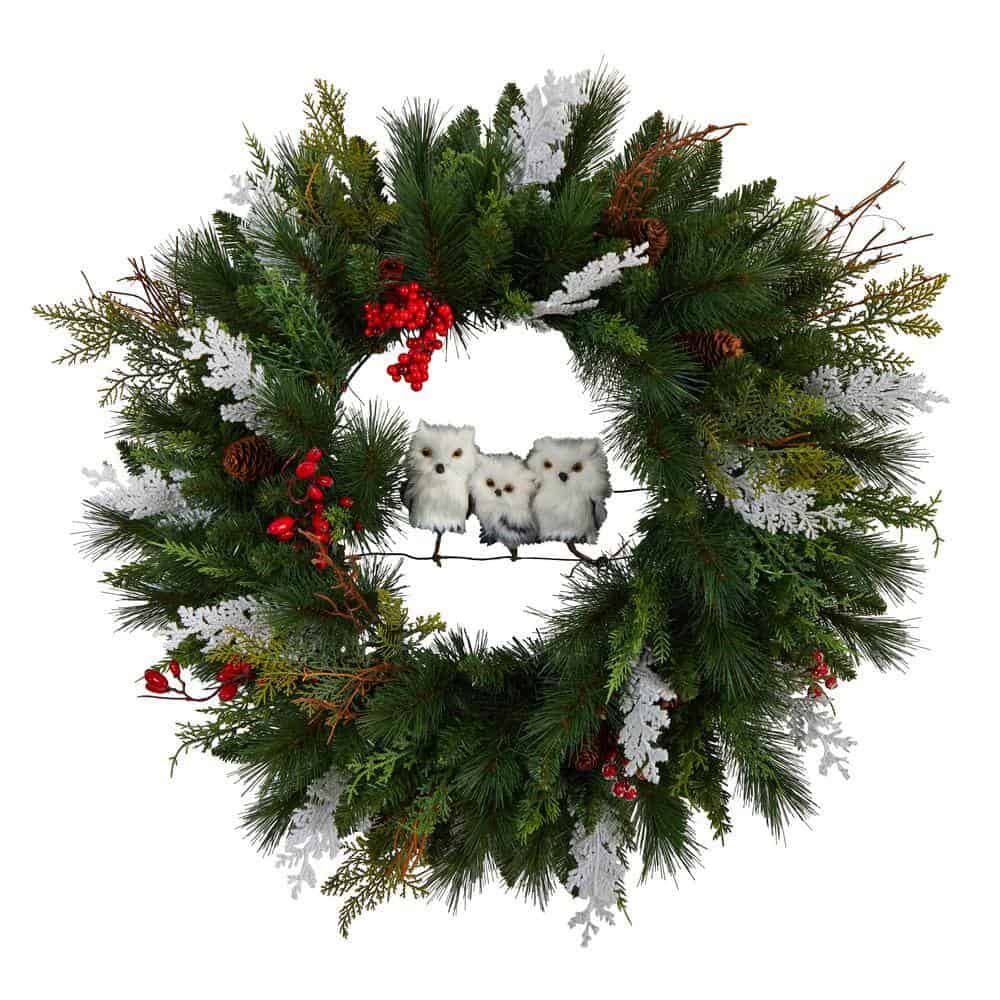 Nearly Natural W1277 24 in. Holiday Winter Owl Family Pinecone Berry Christmas Artificial Wreath