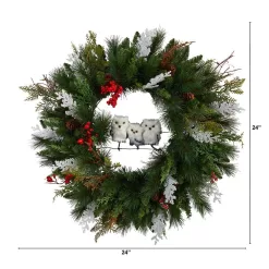 Nearly Natural W1277 24 in. Holiday Winter Owl Family Pinecone Berry Christmas Artificial Wreath