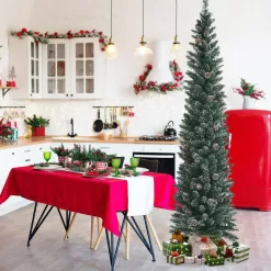 ANGELES HOME 8CK23-CM481 7 ft. Green Unlit Snowy Artificial Pencil Christmas Tree with Pine Cones
