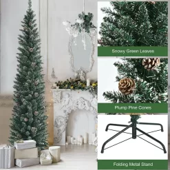 ANGELES HOME 8CK23-CM481 7 ft. Green Unlit Snowy Artificial Pencil Christmas Tree with Pine Cones
