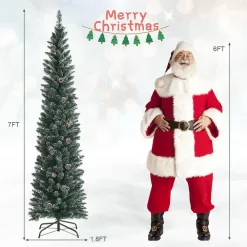 ANGELES HOME 8CK23-CM481 7 ft. Green Unlit Snowy Artificial Pencil Christmas Tree with Pine Cones