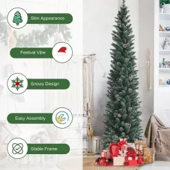 ANGELES HOME 8CK23-CM481 7 ft. Green Unlit Snowy Artificial Pencil Christmas Tree with Pine Cones