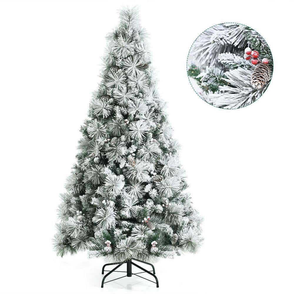 ANGELES HOME 8CK23-CM589 6 ft. Green Snow Flocked Artificial Christmas Tree with Pine Cone and Red Berries