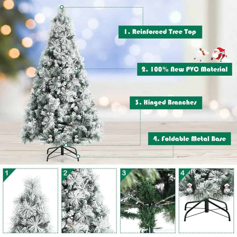 ANGELES HOME 8CK23-CM589 6 ft. Green Snow Flocked Artificial Christmas Tree with Pine Cone and Red Berries