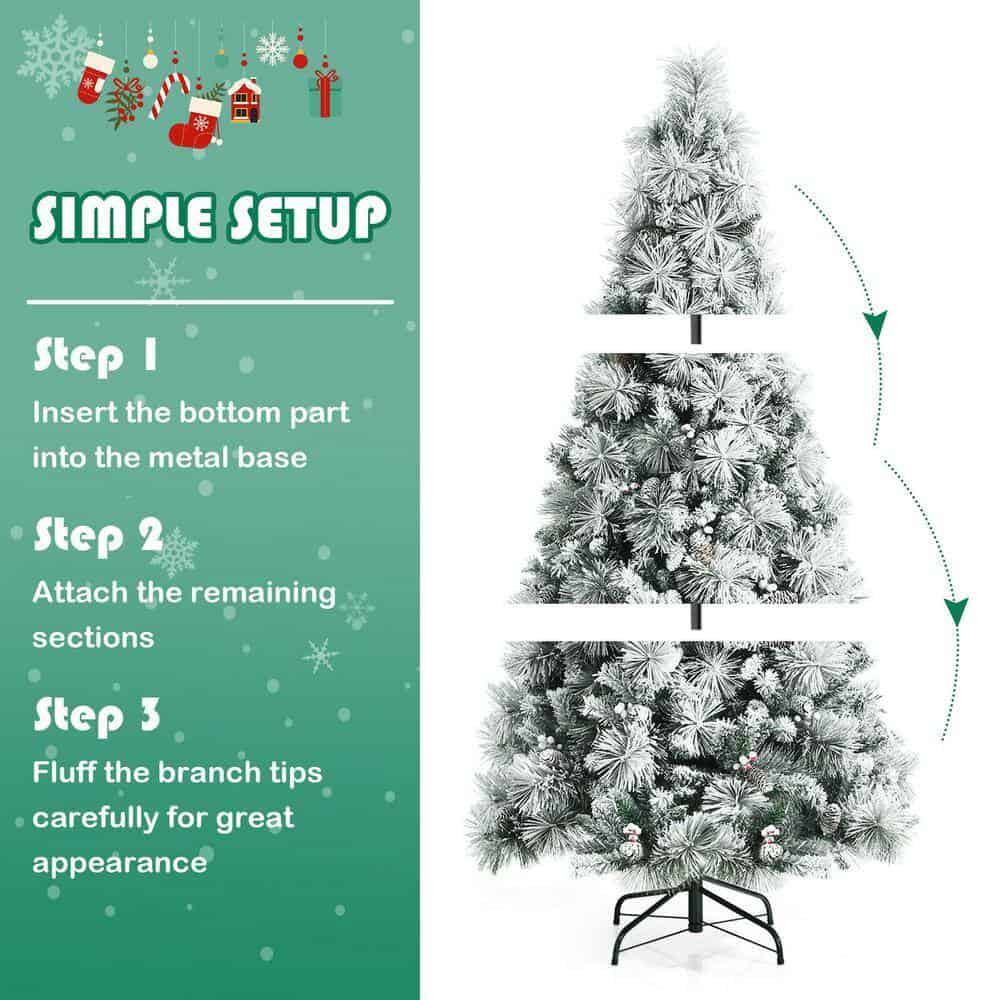 ANGELES HOME 8CK23-CM589 6 ft. Green Snow Flocked Artificial Christmas Tree with Pine Cone and Red Berries
