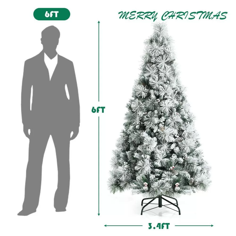 ANGELES HOME 8CK23-CM589 6 ft. Green Snow Flocked Artificial Christmas Tree with Pine Cone and Red Berries