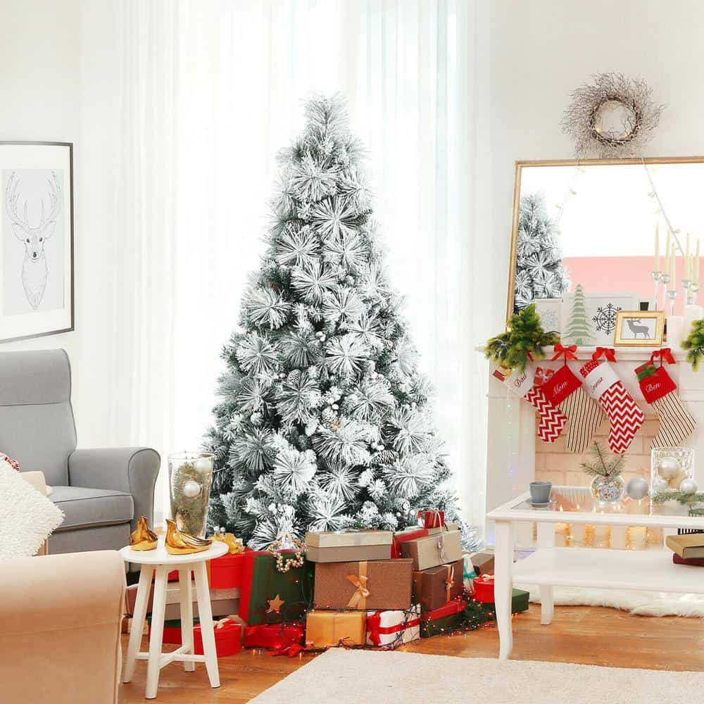 ANGELES HOME 8CK23-CM589 6 ft. Green Snow Flocked Artificial Christmas Tree with Pine Cone and Red Berries