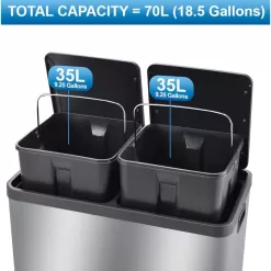 The Step N' Sort 18.5 Gallon Extra Large Capacity, Soft-Step, Dual Trash and Recycling Bin with Removable Inner Bins, Silver
