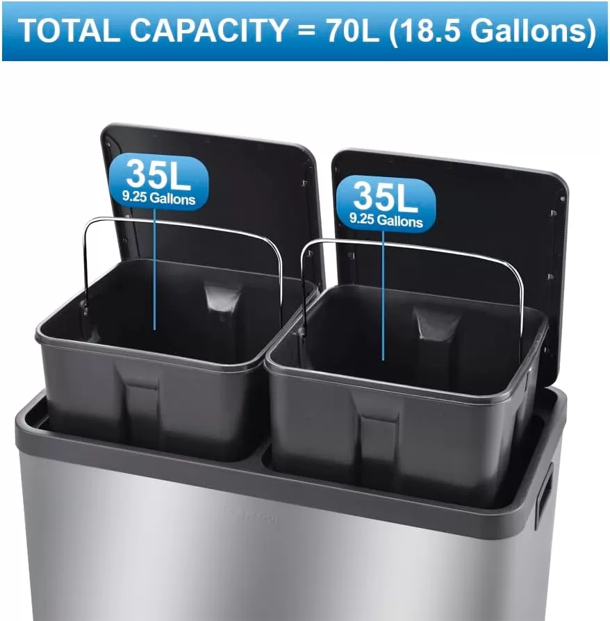 The Step N' Sort 18.5 Gallon Extra Large Capacity, Soft-Step, Dual Trash and Recycling Bin with Removable Inner Bins, Silver