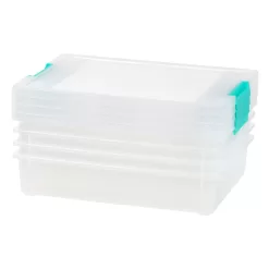 IRIS USA 6 Quart Large Clip Box, 4 Pack, Clear Plastic Storage Container Bins with Latching Lids