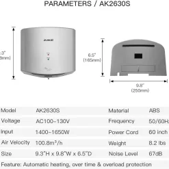 AIKE Air Wiper Compact Hand Dryer 110V 1400W Silver (with 2 Pin Plug) Model AK2630-K