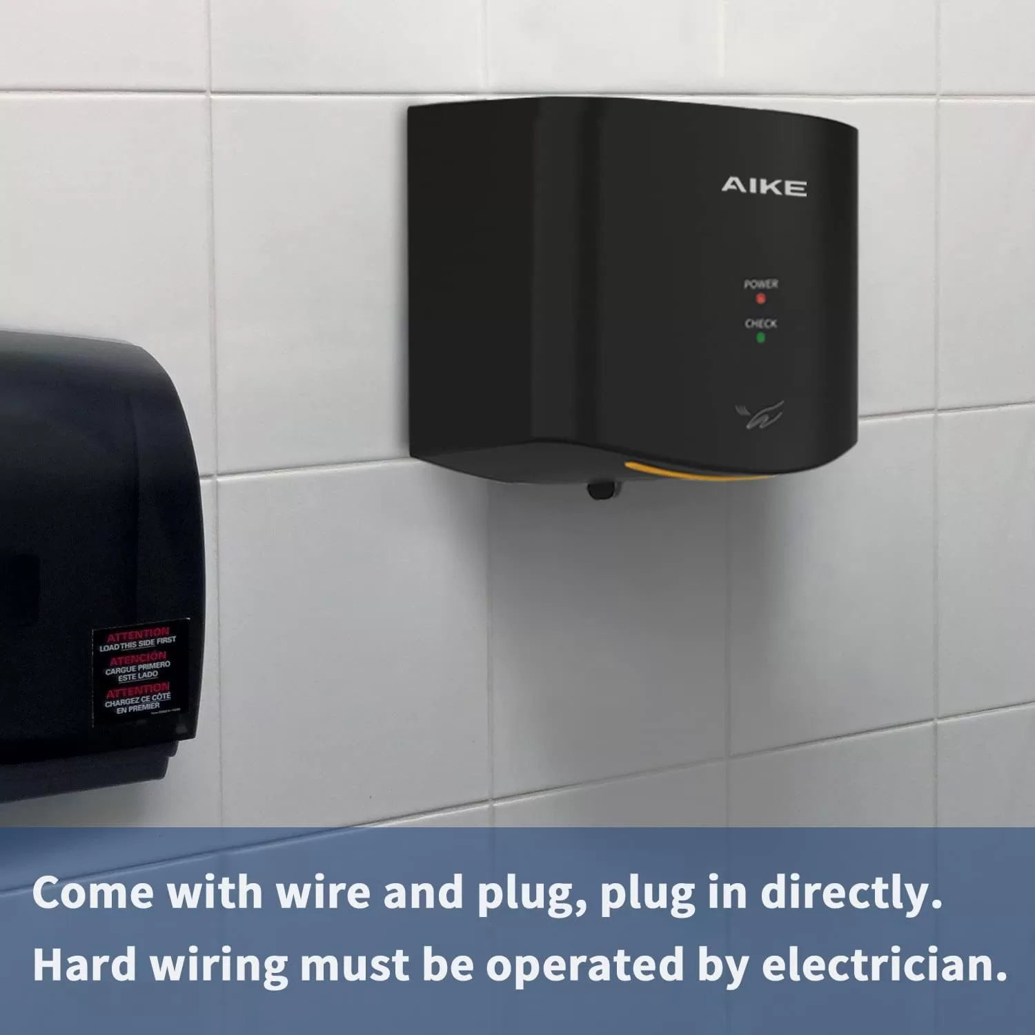 AIKE Air Wiper Compact Hand Dryer 110V 1400W Black (with 2 Pin Plug) Model AK2630