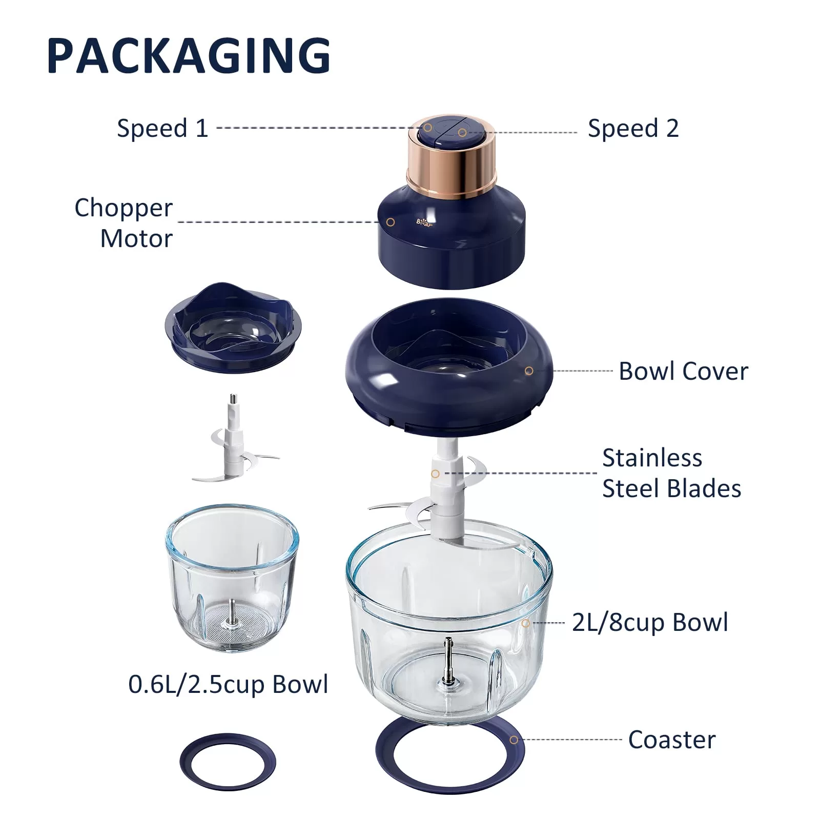 Bear Food Processor, Electric Food Chopper with 2 Glass Bowls (8 Cup+2.5 Cup)