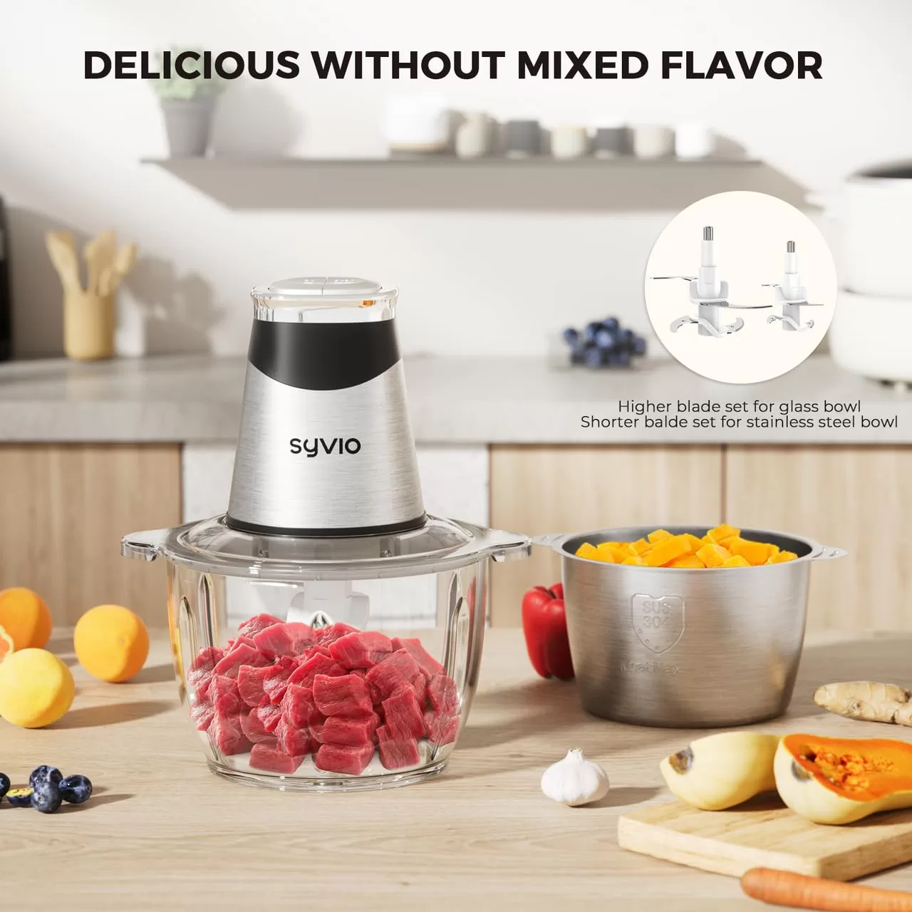 Syvio Food Processors with 2 Bowls, Meat Grinder 4 Bi-Level Blades, Mini Electric Food Chopper 400W