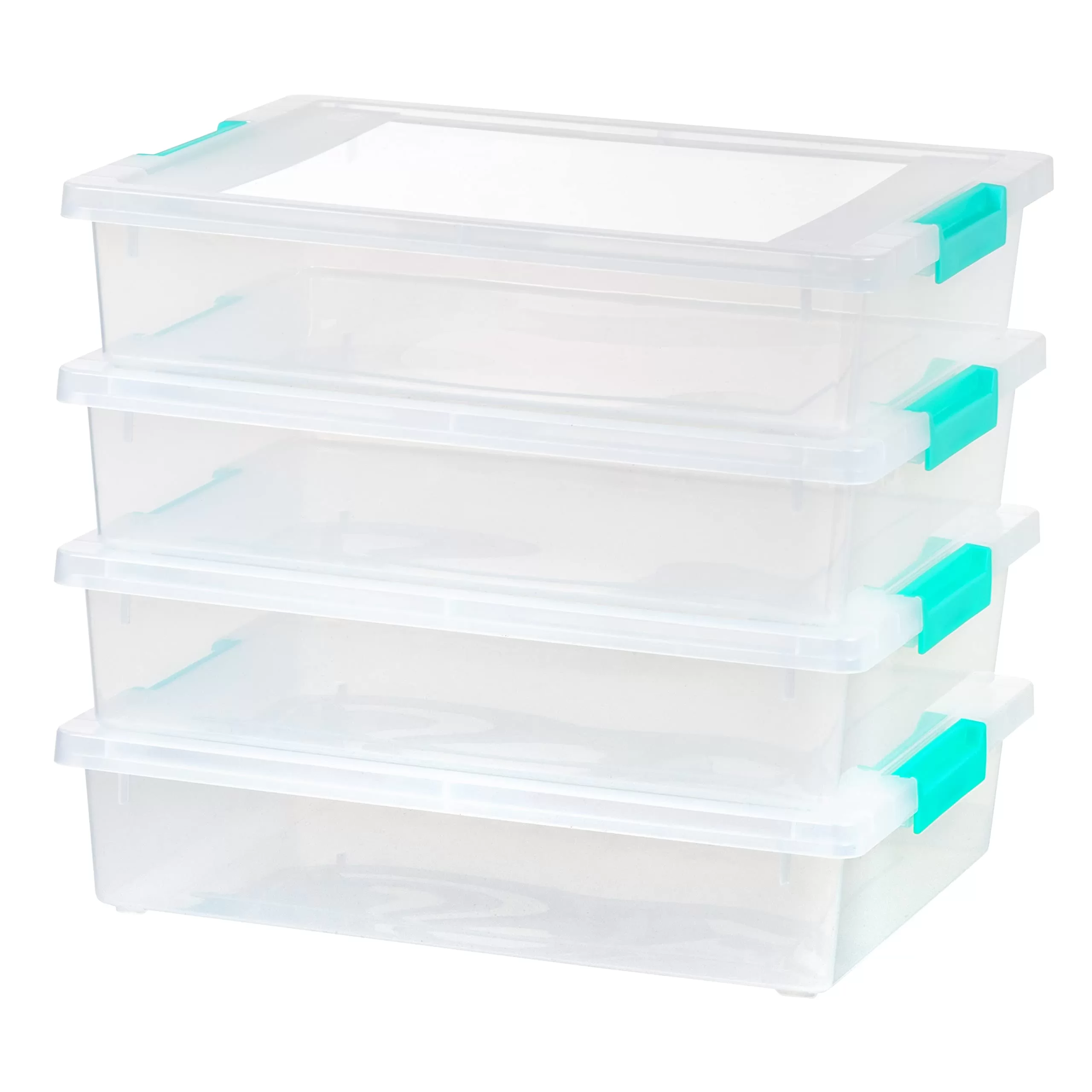 IRIS USA 6 Quart Large Clip Box, 4 Pack, Clear Plastic Storage Container Bins with Latching Lids