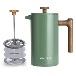 POLIVIAR French Press Coffee Maker, 34 oz Coffee Press with Real Wood Handle, Double Wall Insulation & Dual-Filter Screen