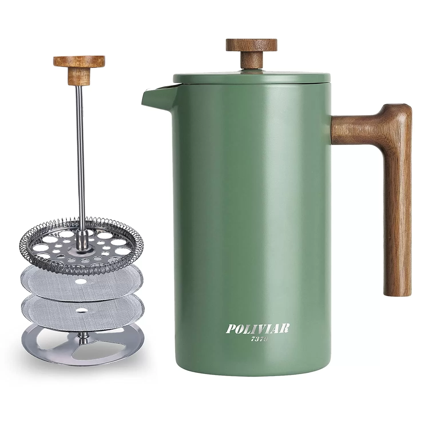 POLIVIAR French Press Coffee Maker, 34 oz Coffee Press with Real Wood Handle, Double Wall Insulation & Dual-Filter Screen