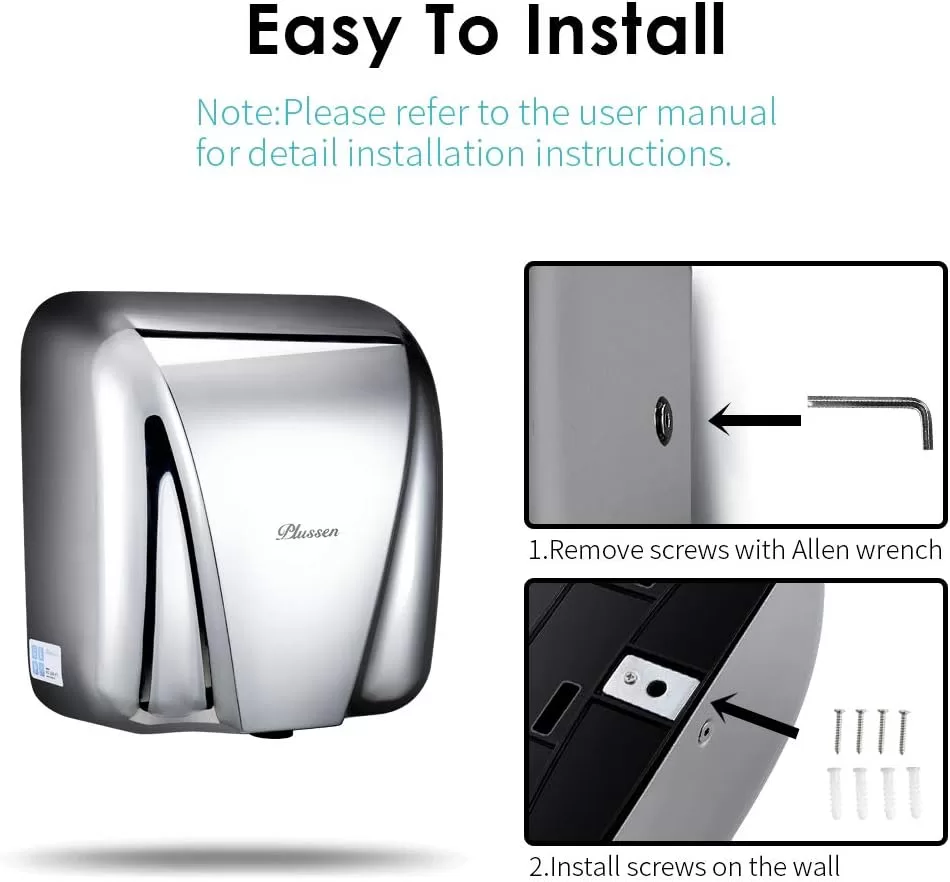 PLUSSEN Automatic Commercial Hand Dryers for Bathrooms Commercial 1800W Heavy Duty Stainless Steel