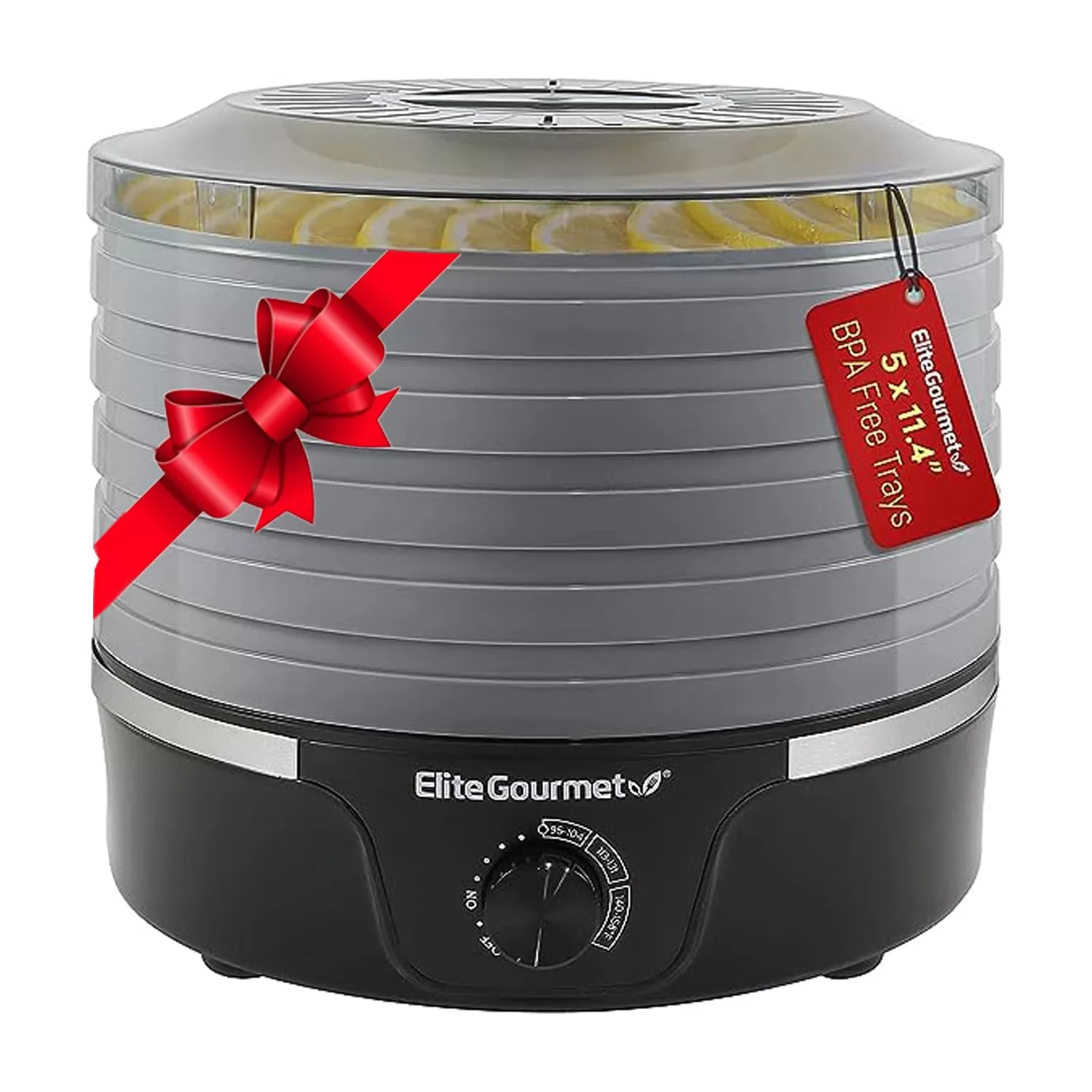 Elite Gourmet EFD319BNG Food Dehydrator, 5 BPA-Free 11.4" Trays Adjustable Temperature Controls, Black and Grey, 5 Trays