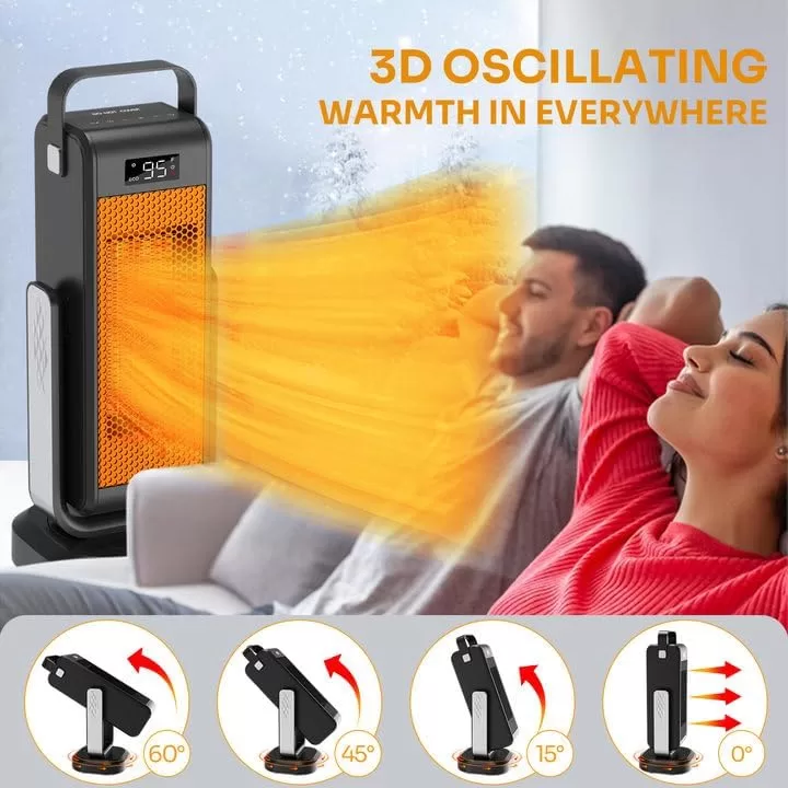 Graefsty 360-Degree Swivel Space Heater Indoor, 3D Oscillating Portable Room Heater with Thermostat