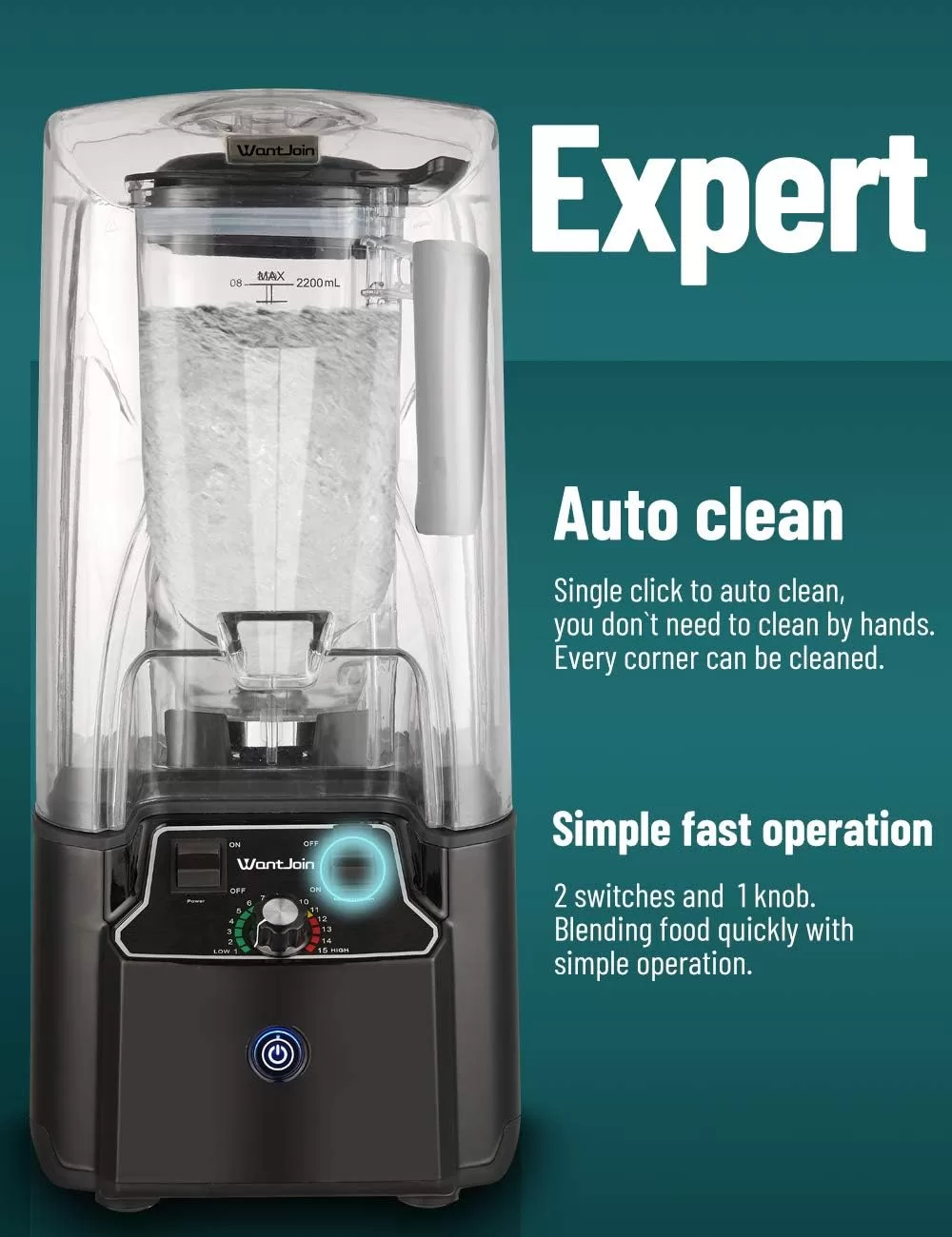 WantJoin Commercial Blender 2200W - Quiet Sound Enclosure, Powerful Professional-Grade, Self-Cleaning, Black