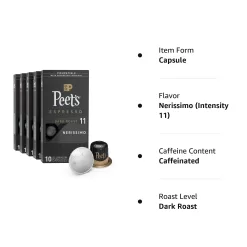 Peet's Coffee, Dark Roast Espresso Pods Compatible with Nespresso Original Machine, (5 Boxes of 10 Espresso Capsules)