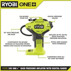 Ryobi P737 18V ONE+ Portable Cordless Power Inflator for Tires, Battery Not Included