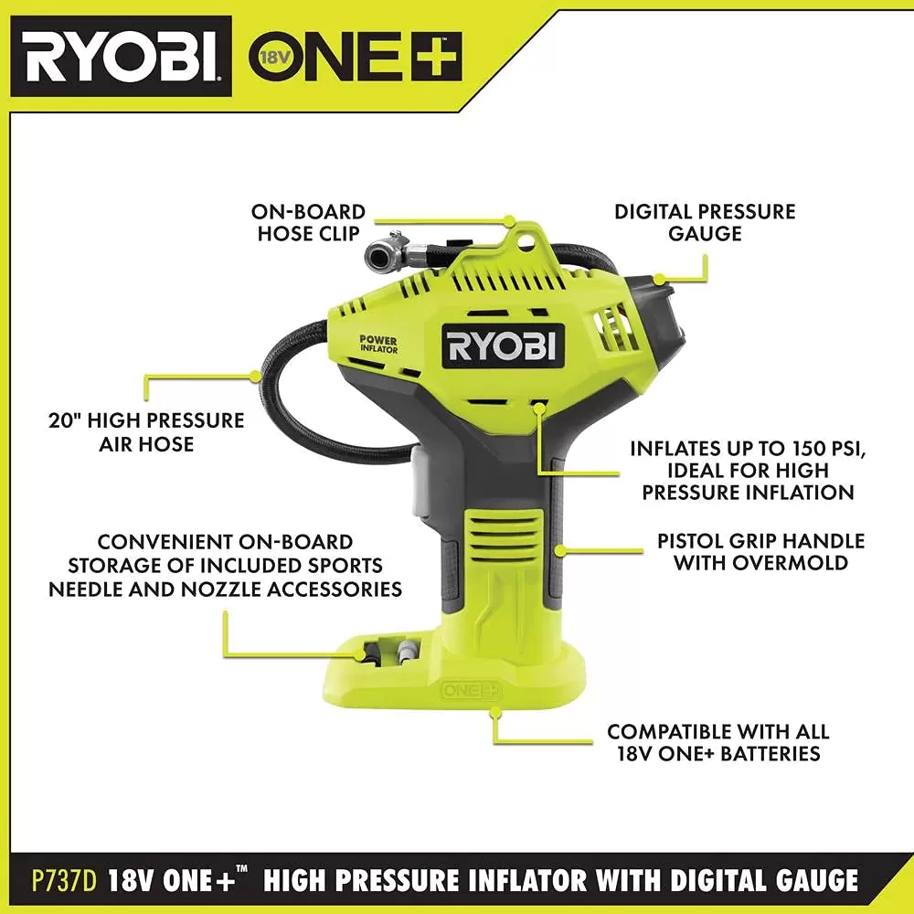 Ryobi P737 18V ONE+ Portable Cordless Power Inflator for Tires, Battery Not Included