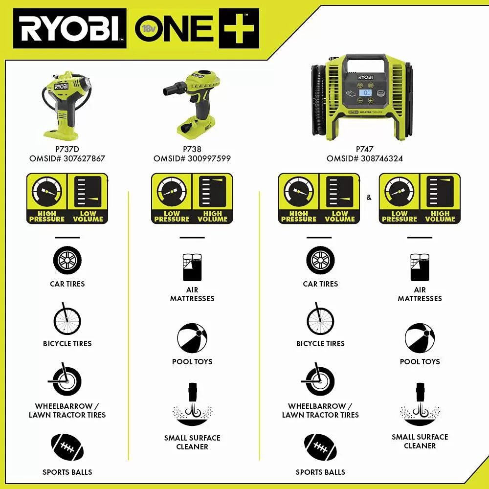 Ryobi P737 18V ONE+ Portable Cordless Power Inflator for Tires, Battery Not Included