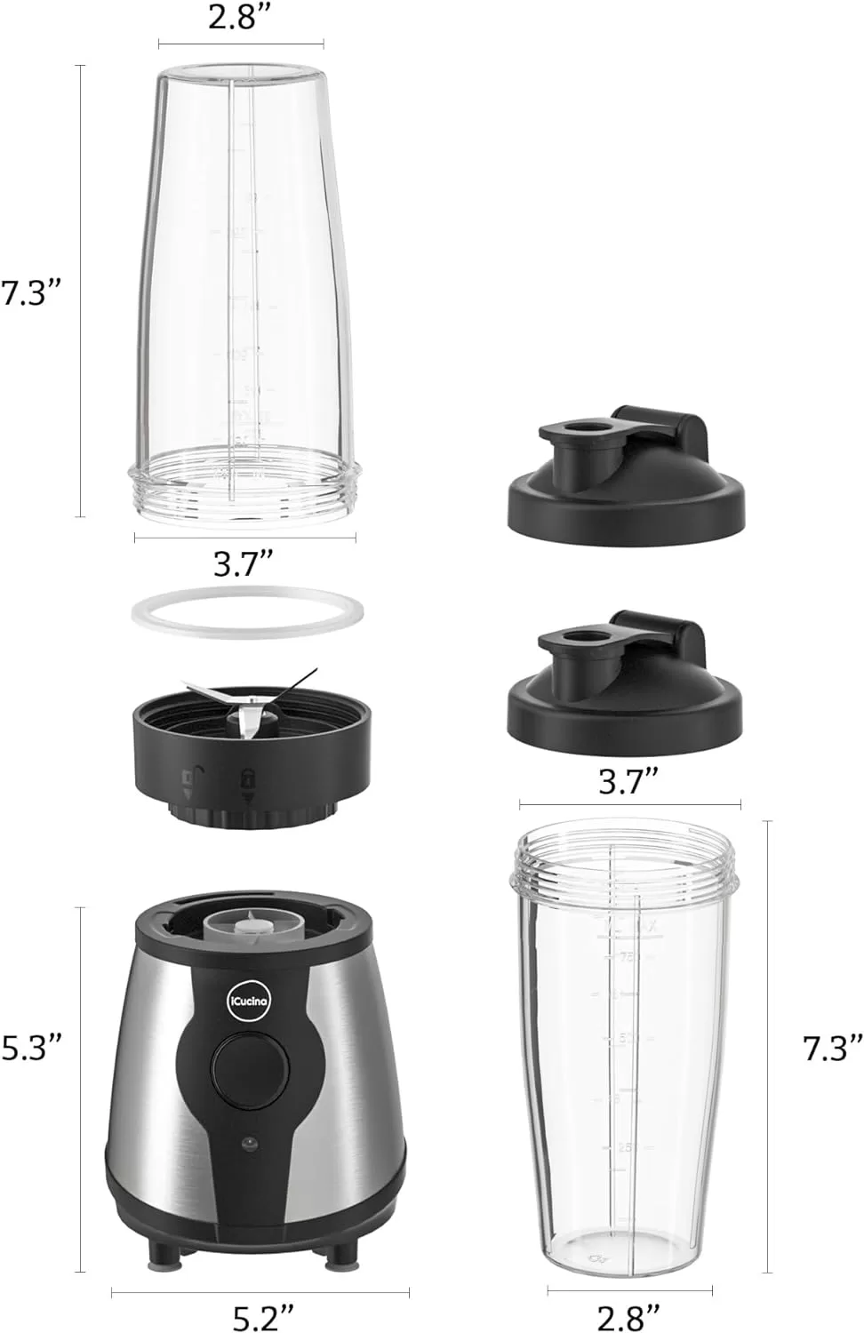 ICucina Blenders for Shakes and Smoothies, 300W, 2 * 28 oz To-Go Portable Cups with Lids