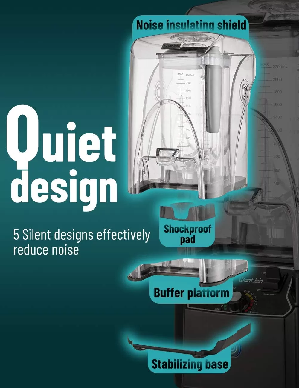 WantJoin Commercial Blender 2200W - Quiet Sound Enclosure, Powerful Professional-Grade, Self-Cleaning, Black