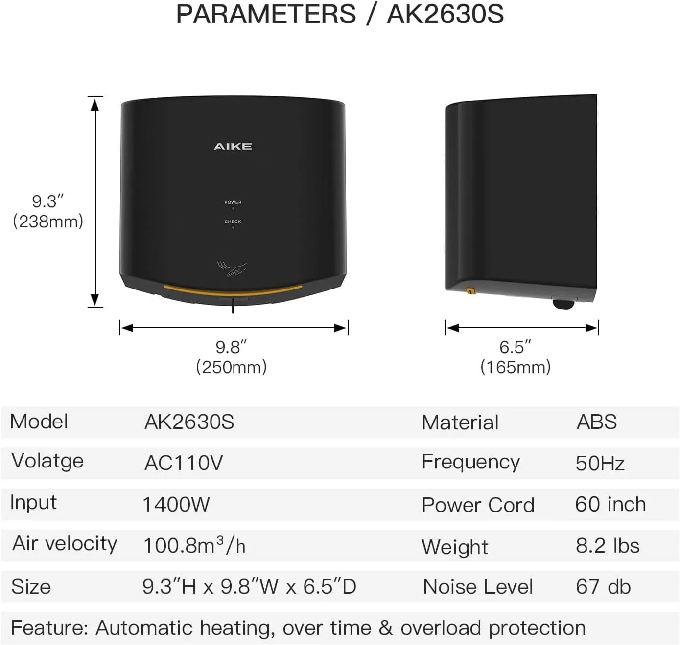 AIKE Air Wiper Compact Hand Dryer 110V 1400W Black (with 2 Pin Plug) Model AK2630