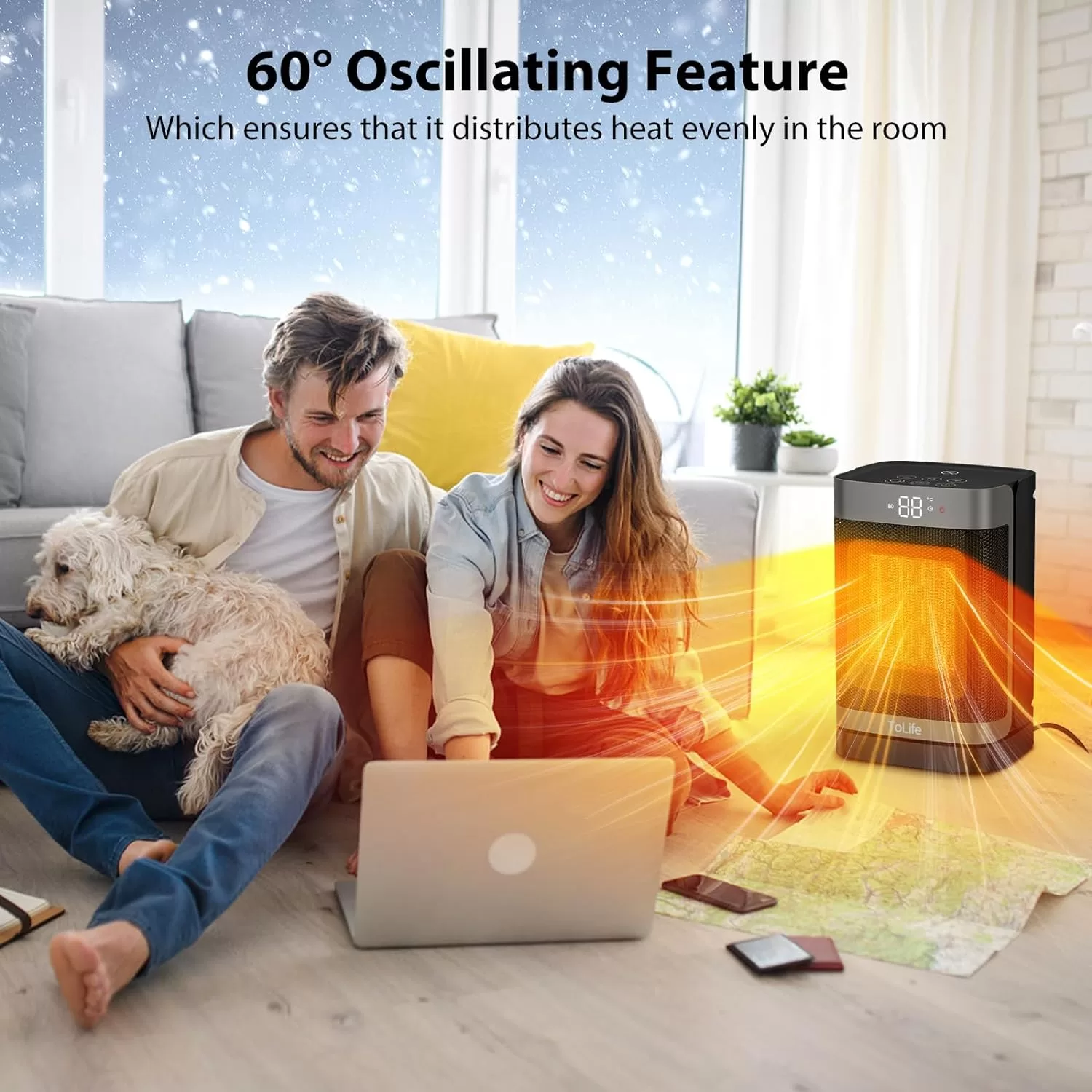 ToLife Space Heater Indoor with Thermostat, 1500W PTC Electric Heater, 60°Oscillating, 4 Modes, 12h Timer