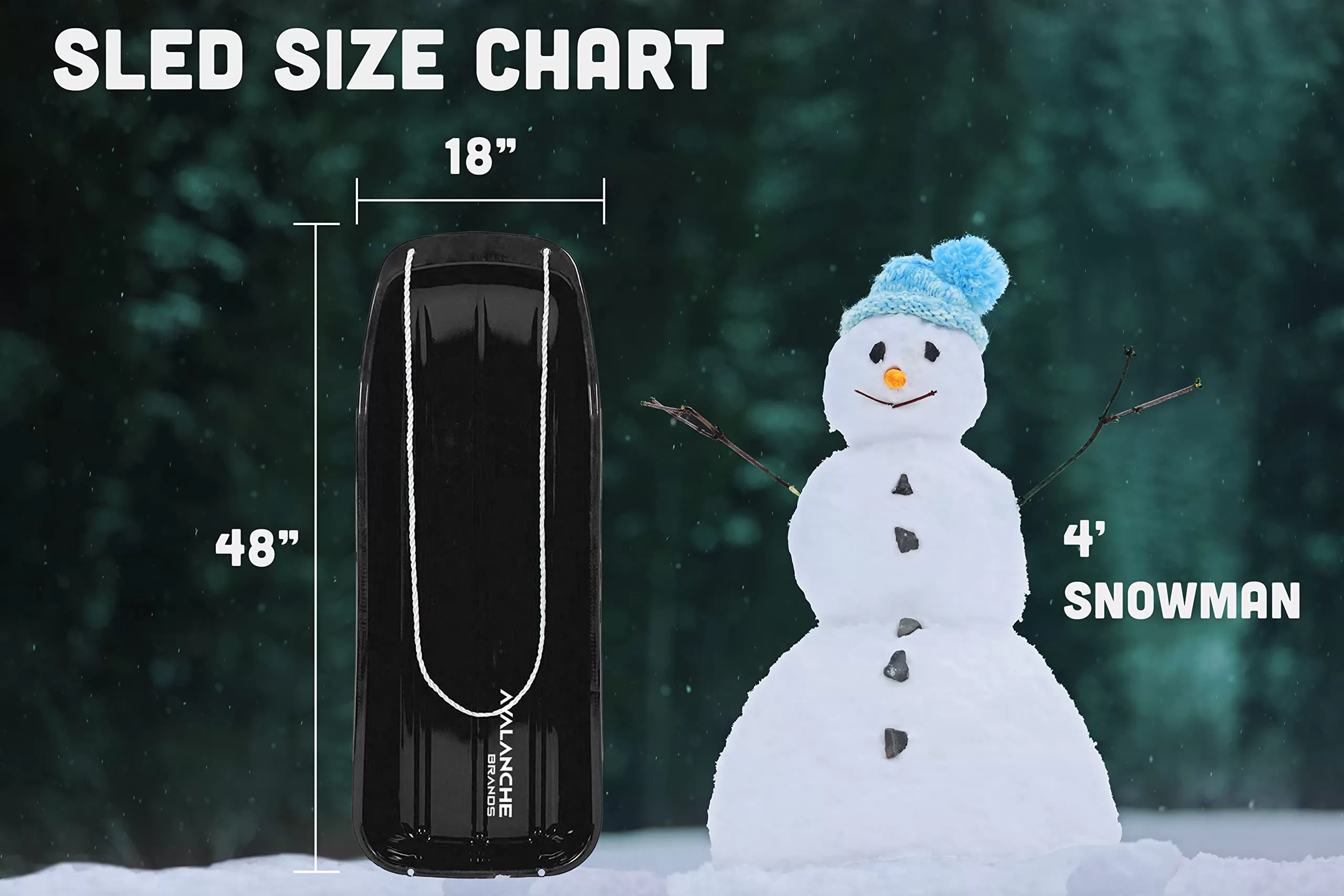 Avalanche Brands - Classic 48" Downhill Toboggan Snow Sled Includes Pull Rope and Handles