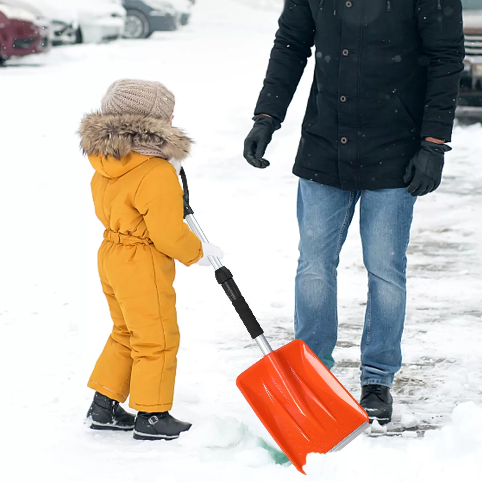 OPELETNNT Kids Snow Shovel with D-Grip Handle, Durable Aluminum Blade, Toddler Snow Shovel for Car Trunk