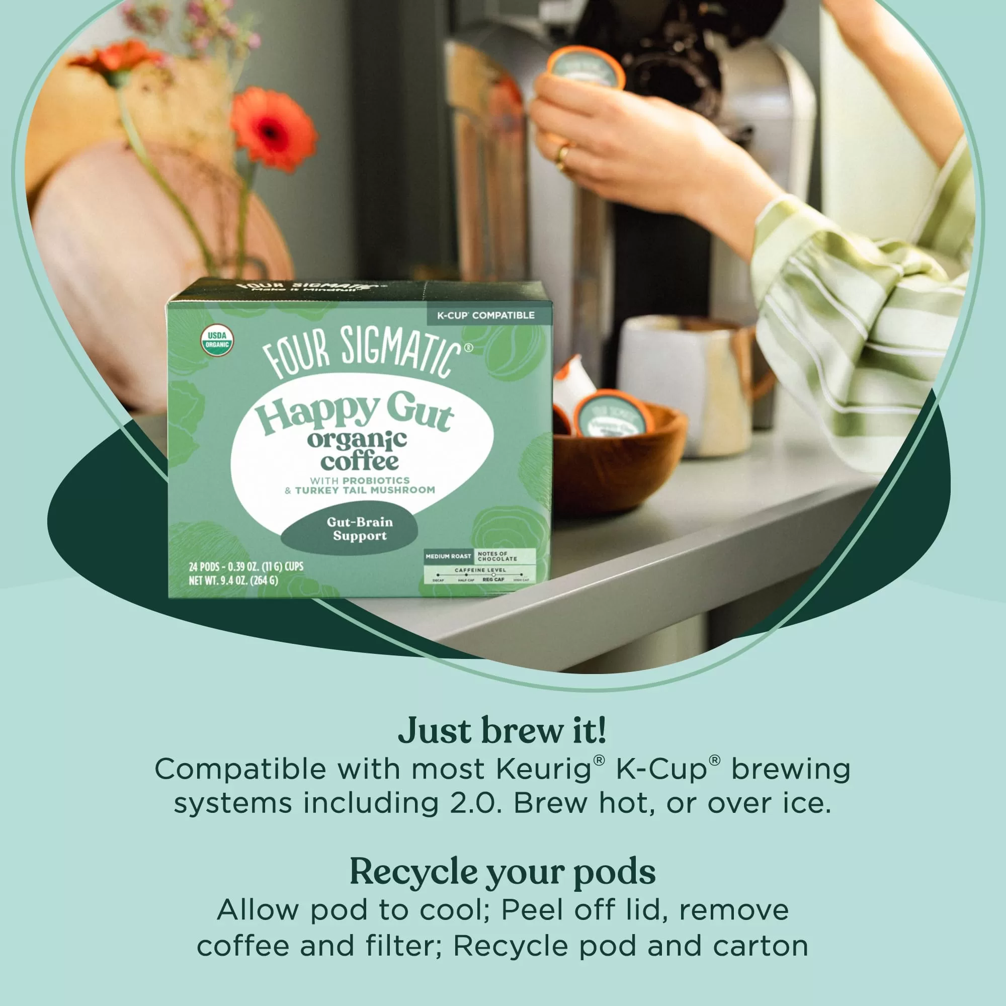 Four Sigmatic Mushroom Coffee K-Cups with Probiotic, Organic and Fair Trade Coffee, Heat Resistant, 24 Count